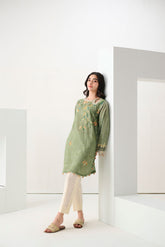 DC-0550 GREEN PRINTED EMBROIDERED KURTA